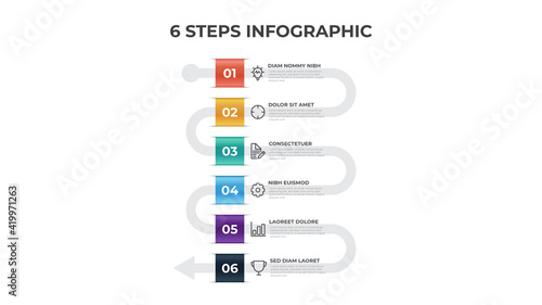 6 points of steps, arrow list flow diagram layout vector, infographic template element