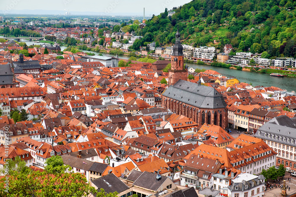 Obraz premium Beautiful Germany. Aerial view over Heidelberg town in Spring. City center including main cathedral, river Neckar and river valley.