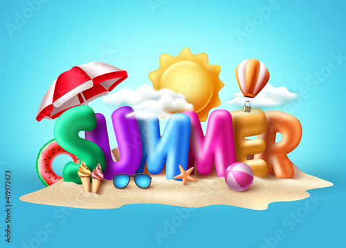 Summer 3d text vector banner design. Summer balloon text with colorful beach elements like umbrella, beachball, floaters and ice cream in sand island background for holiday vacation. Vector 
