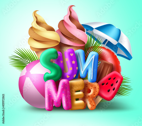 Summer vector concept design. Summer 3d text with colorful beach elements like ice cream, popsicle, floater, and beachball for holiday tropical season. Vector illustration. 
