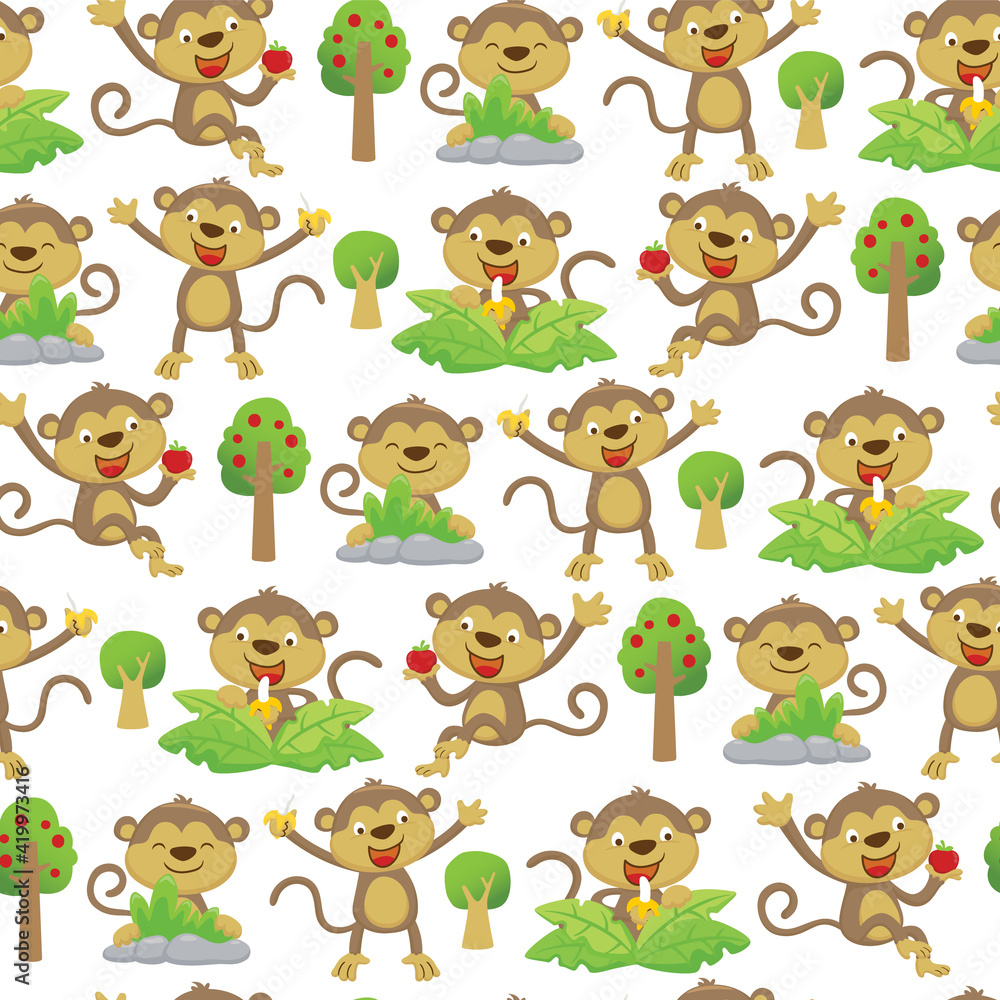 Naklejka premium Seamless pattern vector of funny monkeys cartoon with various poses or activities