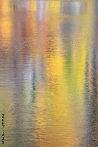 USA, Montana. Colorful abstract reflections of autumn trees, Glacier National Park.
