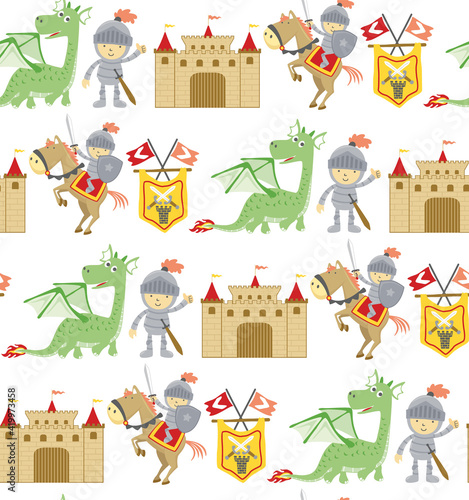 Seamless pattern vector of fairy tale cartoon with dragon, knight, horse and castle. photo