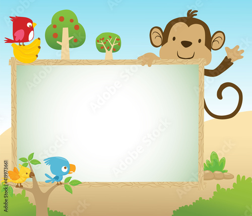 Vector cartoon of funny monkey and colorful birds with empty frame border  for children invitation or greeting card