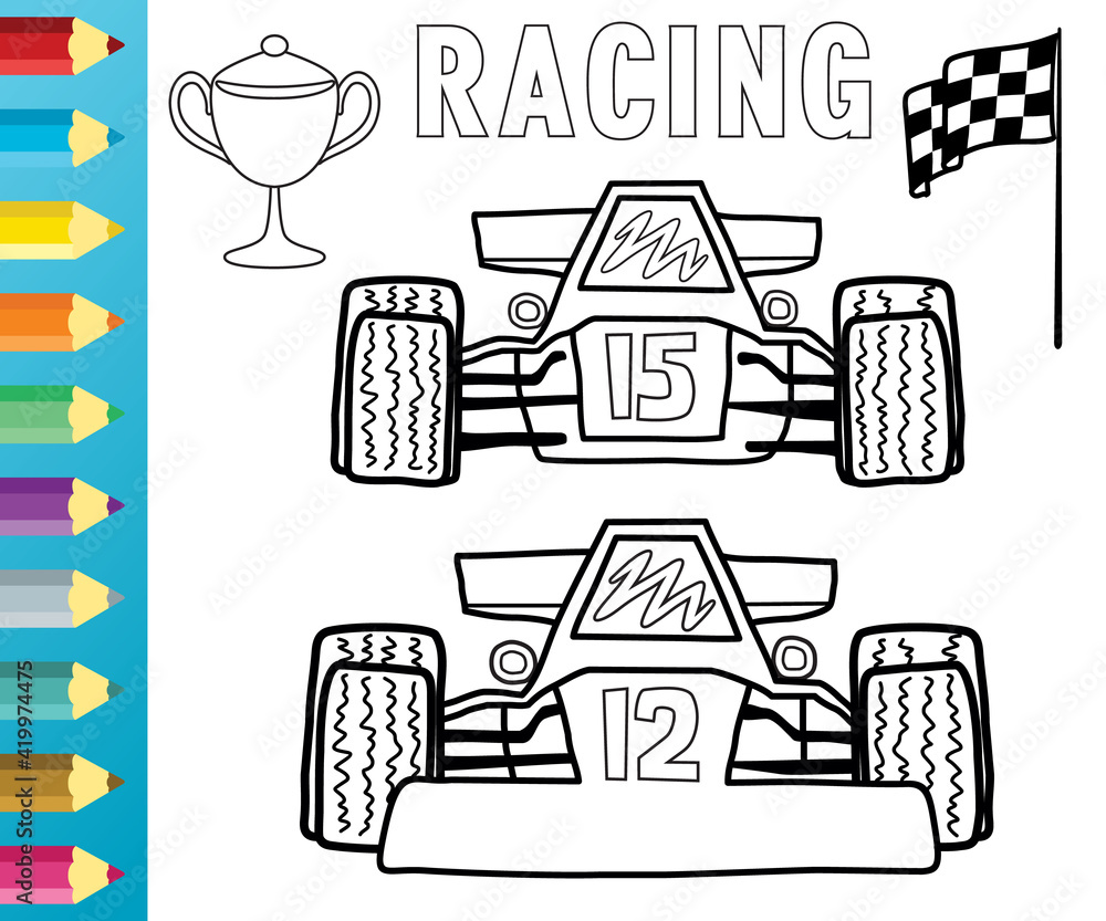 Vector cartoon of racing car with trophy and finish flag. Coloring book or  page Stock Vector | Adobe Stock