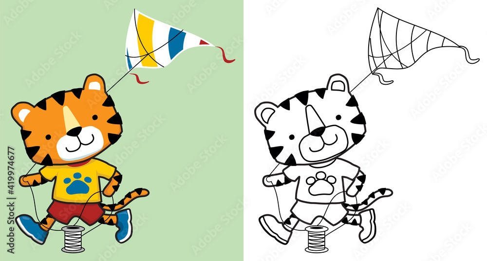 Fototapeta premium Funny tiger running while pulling kite that it can fly. Coloring book or page