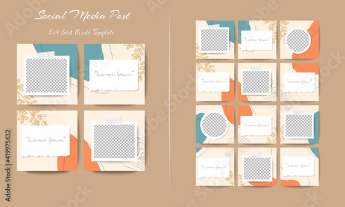 Social media feed post template set in grid puzzle style with organic shape background
