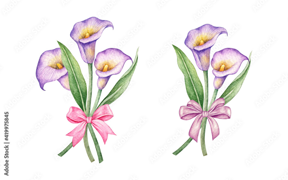 Fototapeta premium Watercolor calla lily flower and leaves bouquet set