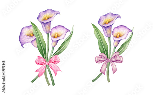 Watercolor calla lily flower and leaves bouquet set