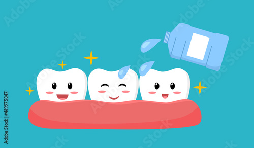 Clean your teeth with mouthwash in flat design. Smiling teeth cartoon dental care. Oral healthcare with mouthwash for plaque prevention and fresh breath.