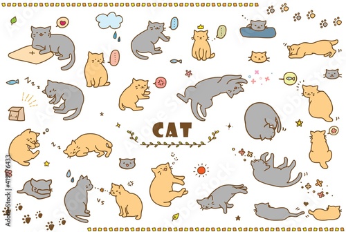かわいい手描きの猫のイラストセット