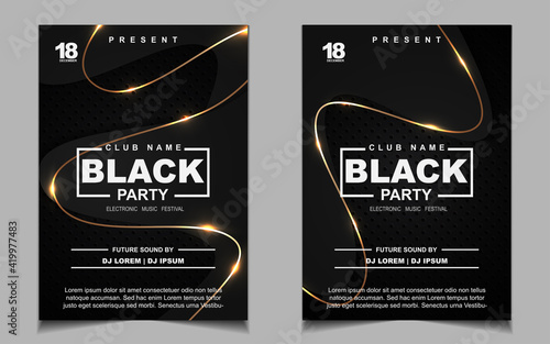 Luxury night dance party music layout cover design template background with elegant black and gold style. Light electro style vector for music event concert disco, club invitation, festival poster