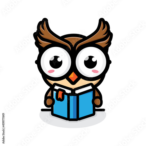 Vector design of cute and clever cartoon owl animal being a bookworm holding a book