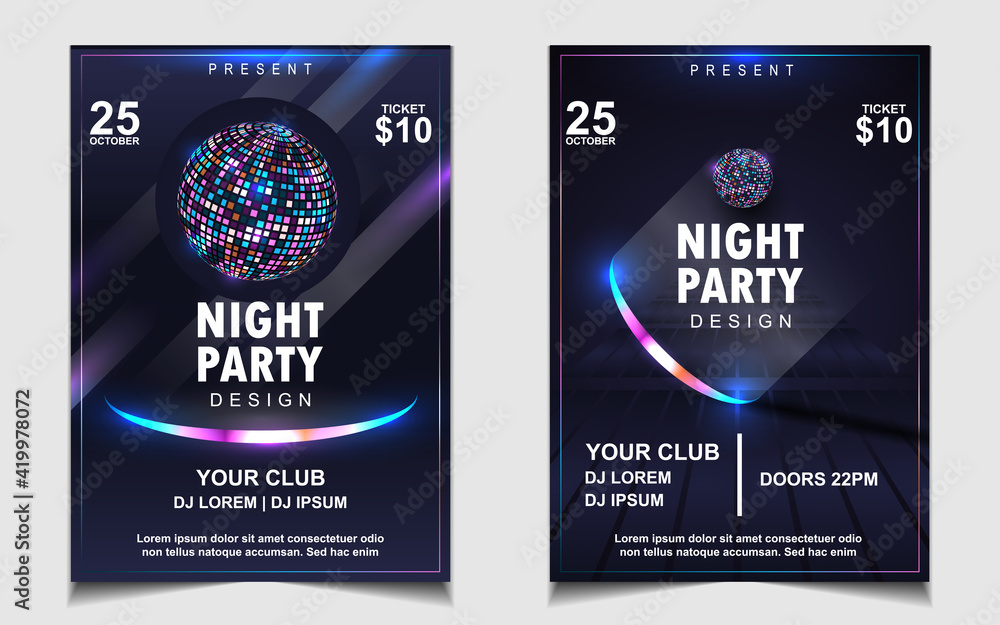 Obraz premium Night dance party music layout cover design template background with colorful dark blue glitters style. Light electro vector for music event concert disco, club invitation, festival poster, flyer