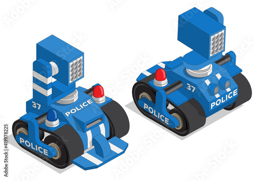 Police car. Launcher. Isometric. 3D illustration. Isolated on white background. Vector illustration.