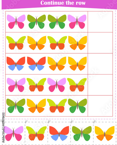  Logic game for children. We continue the row of butterflies. Worksheet