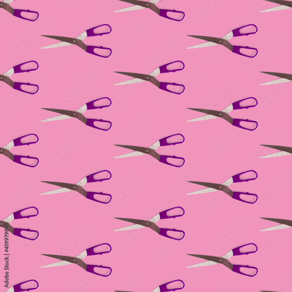 Seamless pattern of scissors separated flat layer. Scissors concept for office supplies, sewing, crafts, kitchen utensils, hairdresser, beauty salon.