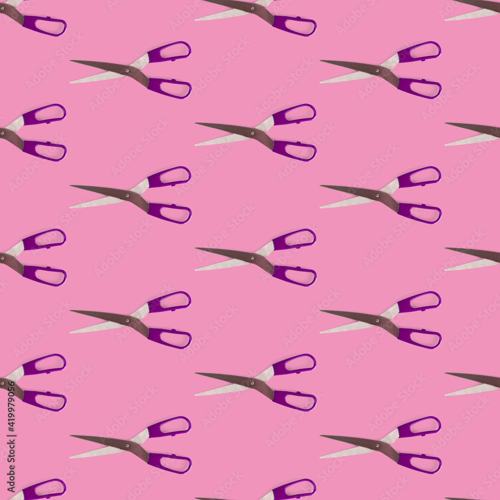 Seamless pattern of scissors separated flat layer. Scissors concept for office supplies, sewing, crafts, kitchen utensils, hairdresser, beauty salon. Seamless pattern of scissors separated flat layer. Scissors concept for office supplies, sewing, crafts, kitchen utensils, hairdresser, beauty salon.