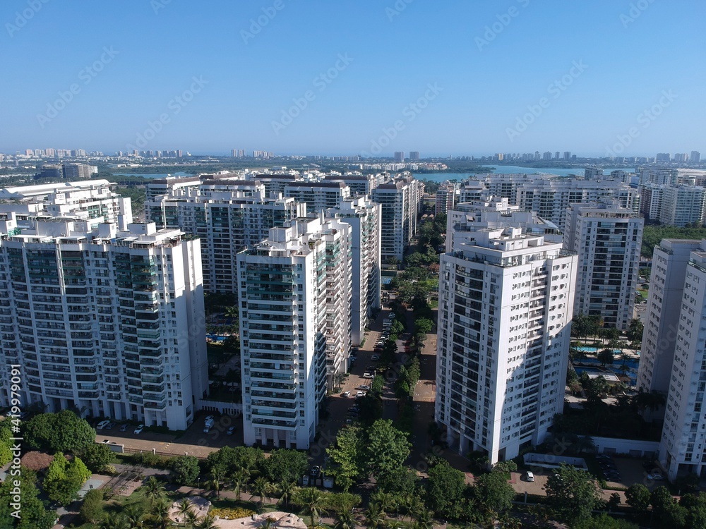 aerial view of Jacarépagua, neighborhood of Rio de Janeiro on sunny day. Drone photo
