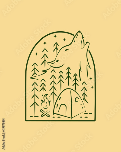 camping ground and wolf illustration badge vector, mono line art vector, T-shirt Tee Design