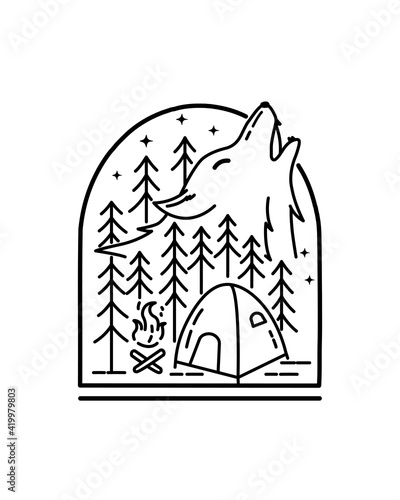 camping ground and wolf illustration in mono line art vector, badge illustration, T-shirt Tee Design