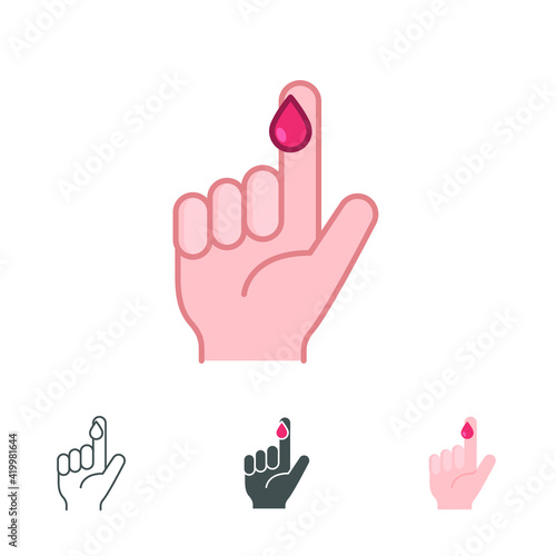 Blood on finger icons in different style. Vector people hand injured isolated symbol. Glucose, insulin test, diabetes concept. Designed in filled outline, line, flat, glyph and solid style. EPS 10