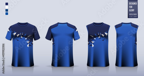 Blue T-shirt sport, Soccer jersey, football kit, basketball uniform, tank top, and running singlet mockup. Fabric pattern design. Vector.
