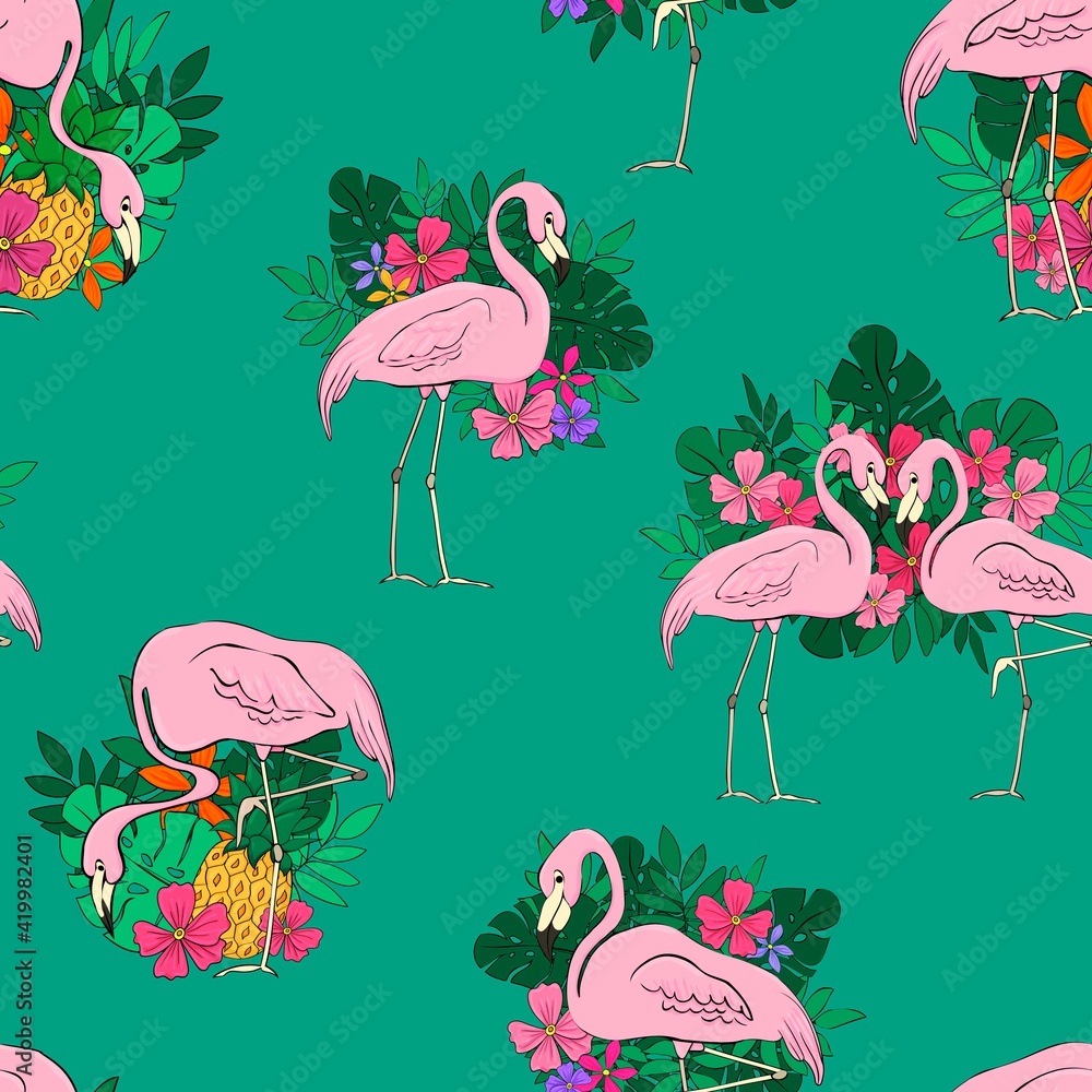 Flamingos on a background of tropical leaves and flowers. Seamless pattern. Flamingo cartoon print. Vector clipart element for design of fabric, paper, wallpaper, backgrounds. Flamingos on a background of tropical leaves and flowers. Seamless pattern. Flamingo cartoon print. Vector clipart element for design of fabric, paper, wallpaper, backgrounds.