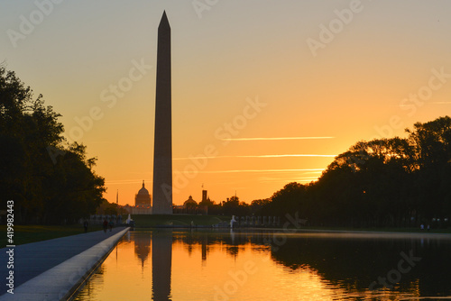 Washington D.C. skyline with silhouettes of monuments during sunrise - Washington D.C. United States of  America