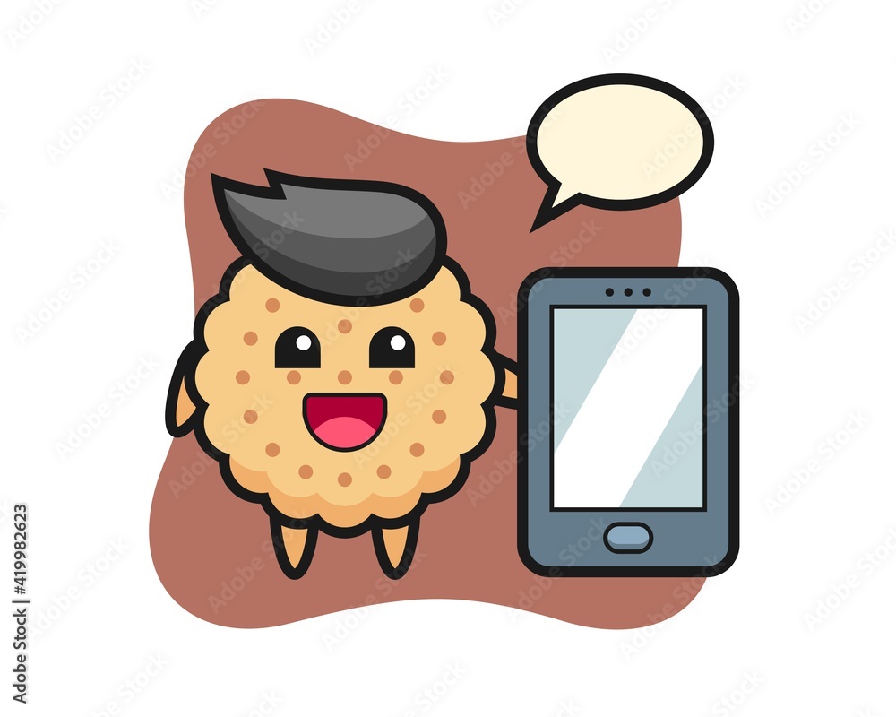 Round Biscuits Illustration Cartoon holding a smartphone Round Biscuits Illustration Cartoon holding a smartphone
