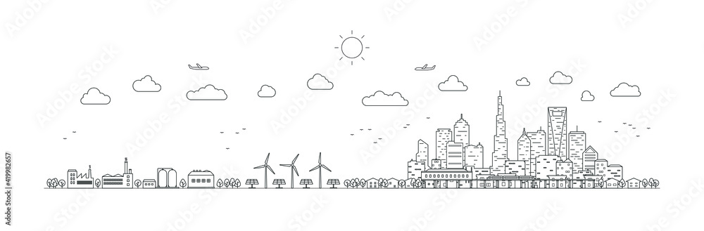 Obraz premium Panorama urban modern city landscape with high skyscrapers. Ecosystem white green energy. Vector illustration thin line city landscape.