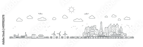 Panorama urban modern city landscape with high skyscrapers. Ecosystem white green energy. Vector illustration thin line city landscape.