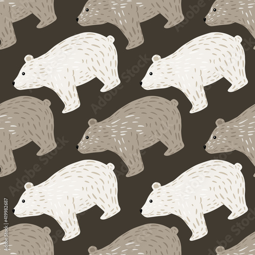 Childish cartoon seamless pattern with white and beige bear silhouettes print. Grey background. Doodle print.