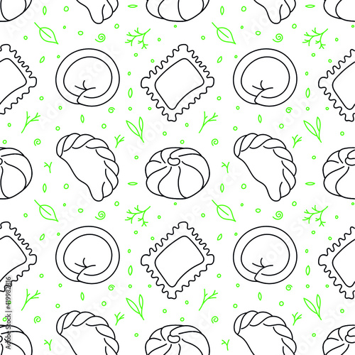 Seamless pattern of different dumplings with flavoring, spice, dill, salad. Black and green icons on white background. Vector stock illustration. Hand drawn doodle elements. Simple style.