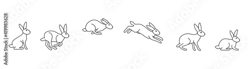 A set of rabbit jump phases. The hare sits, prepares to jump, jumps, lands. Black outline on a white background. Vector illustration in doodle style