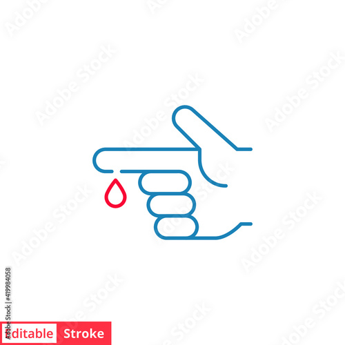 Blood on finger line icon. Vector people hand injured isolated symbol. Glucose, insulin test, diabetes concept. Simple outline style. Sign illustration on white background. Editable stroke EPS 10