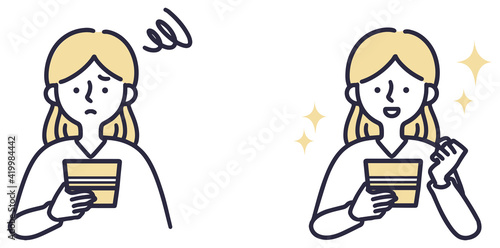 通帳　喜ぶ　不安　女性　シンプルイラストセット