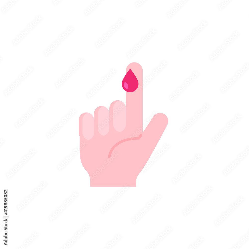 Blood on finger icon. Vector people hand injured isolated symbol. Glucose, insulin test, diabetes concept. Simple flat style. Sign illustration on white background. EPS 10 Blood on finger icon. Vector people hand injured isolated symbol. Glucose, insulin test, diabetes concept. Simple flat style. Sign illustration on white background. EPS 10