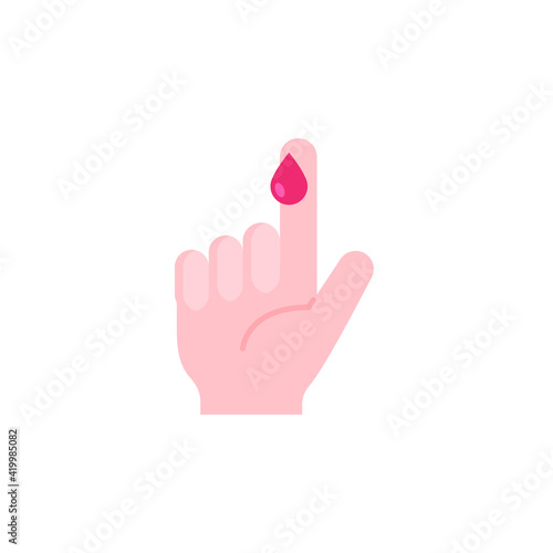 Blood on finger icon. Vector people hand injured isolated symbol. Glucose, insulin test, diabetes concept. Simple flat style. Sign illustration on white background. EPS 10