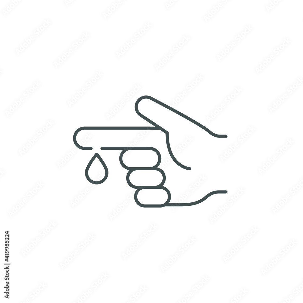 Blood on finger line icon. Vector people hand injured isolated symbol. Glucose, insulin test, diabetes concept. Simple outline style. Sign illustration on white background. EPS 10 Blood on finger line icon. Vector people hand injured isolated symbol. Glucose, insulin test, diabetes concept. Simple outline style. Sign illustration on white background. EPS 10