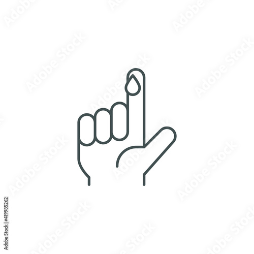 Blood on finger line icon. Vector people hand injured isolated symbol. Glucose, insulin test, diabetes concept. Simple outline style. Sign illustration on white background. EPS 10
