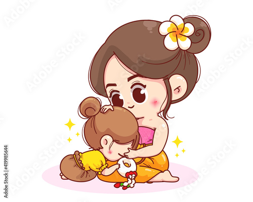  Cute girl pay respect mother. mother's day cartoon illustration