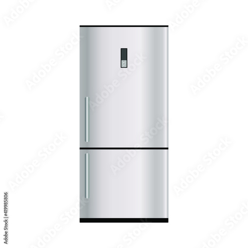 Realistic gray refrigerator on white background, vector illustration