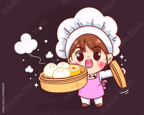 Cute chef holding Chinese dumplings dim sum in a bamboo steamer cartoon illustration