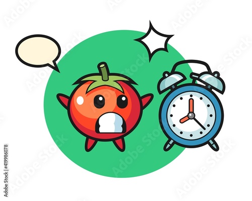 Cartoon illustration of tomatoes is surprised with a giant alarm clock