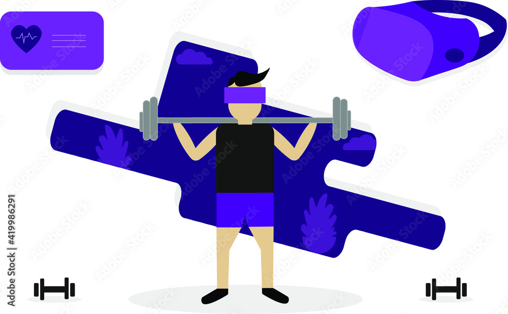 VR Workout Concept. Man Lifting Barbell. VR fitness gym, smart experience, sport and health monitor abstract. VR Workout Concept. Man Lifting Barbell. VR fitness gym, smart experience, sport and health monitor abstract.
