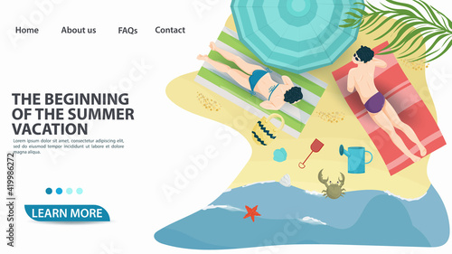 banner for the design of advertising tourist web pages websites and mobile applications on the theme of summer holidays travel and vacation A girl and a guy lie on a mat on the beach