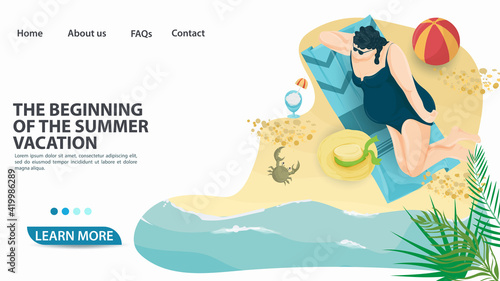 banner for the design of advertising tourist web pages websites and mobile applications on the theme of summer holidays travel and vacation A girl with excess weight lies on a mat on the beach