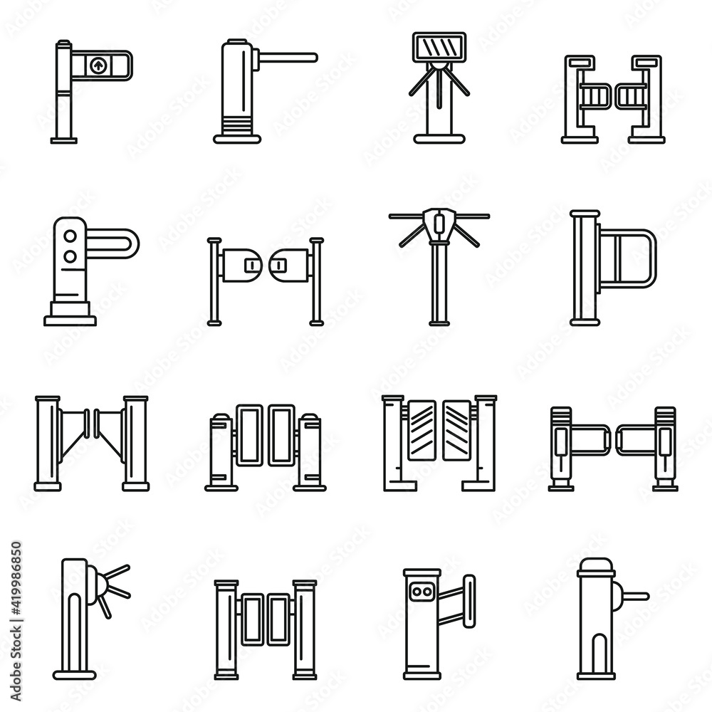 Turnstile access icons set, outline style Turnstile access icons set, outline style