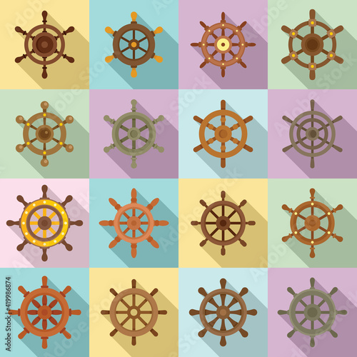 Ship wheel icons set, flat style